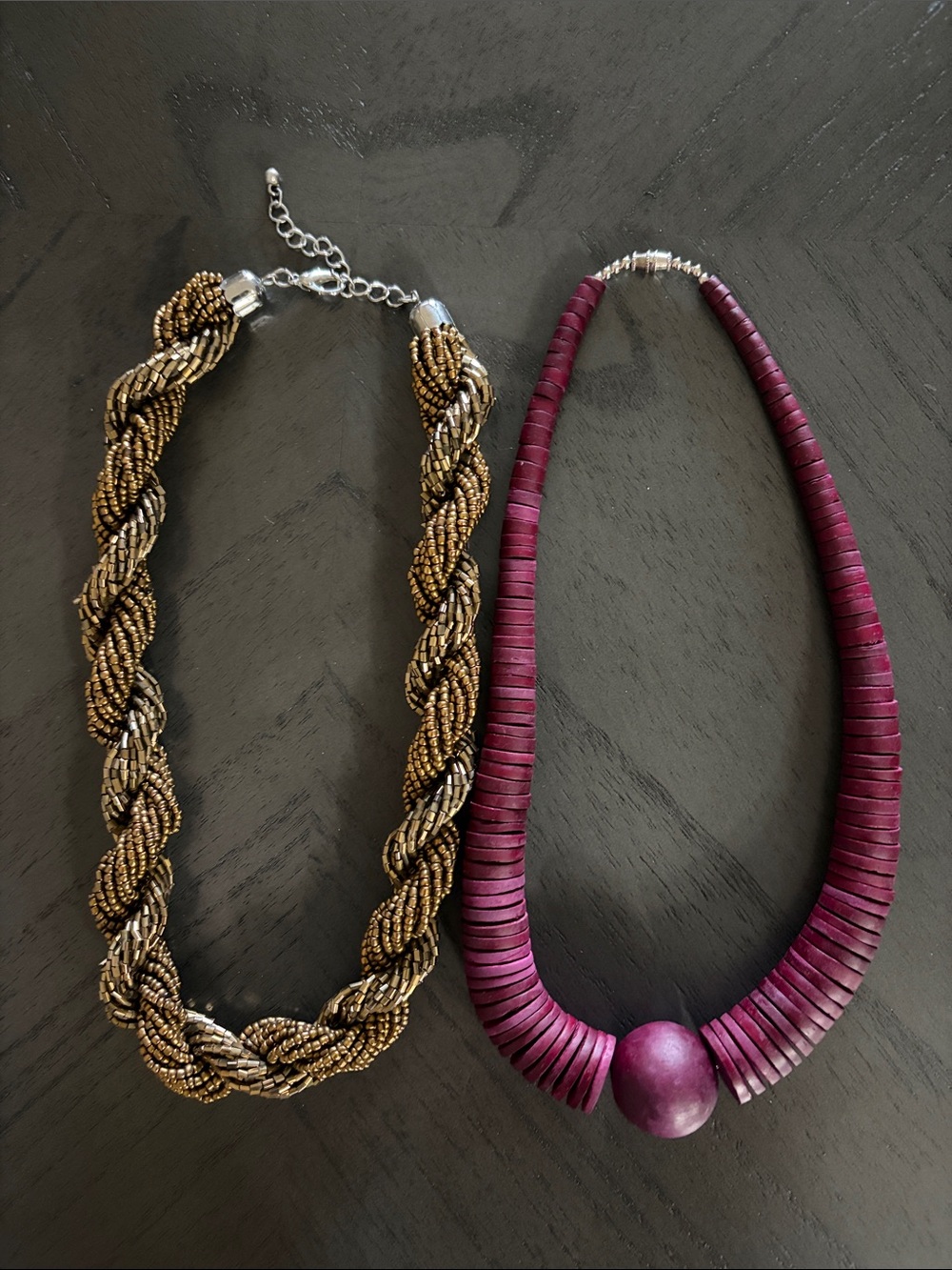 Gold-Tone Braided Bead Necklace & Plum Statement Disc Necklace Set